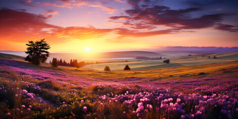 Captivating panoramic sunset over a field of purple wildflowers and grass, with the golden sun casting a vibrant glow on the picturesque landscape - obrazy, fototapety, plakaty