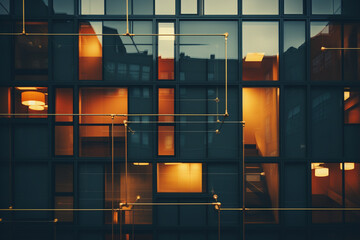 An artistic geometric depiction of an office building, using rectangles and squares.