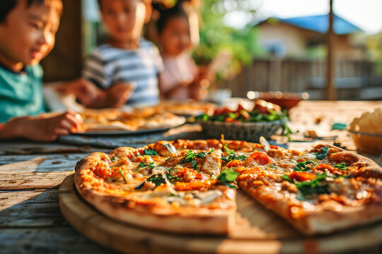 Children enjoying pizza together outdoors on a sunny day.