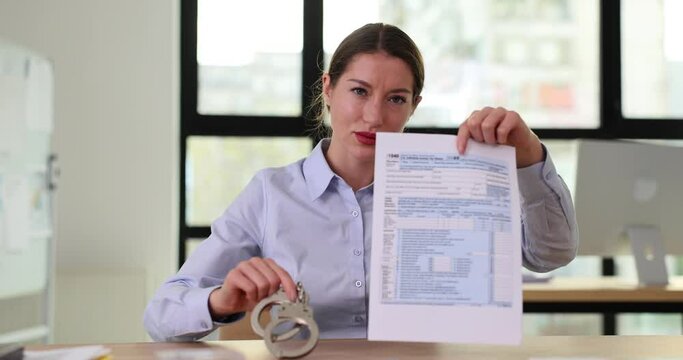 Woman with Form 1040 and handcuffs in office
