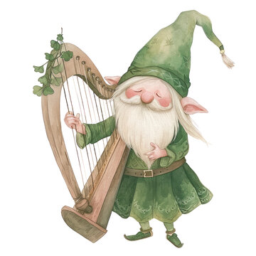 Watercolor illustration of cute gnome with Irish harp isolated on background, St. Patrick's Day concept clipart.	
