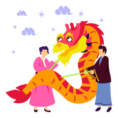 Wood Dragon Dance Performance Show concept, Martial artists or acrobats demonstrating vector design, Chinese New Years Eve symbol, Year of the Luck sign, China Spring Festival scene stock illustration