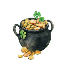 Watercolor illustration of shamrocks and gold coins pot isolated on background, St. Patrick's Day concept clipart.