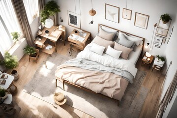 A top view of a cozy bedroom with a neatly made bed, providing a relaxing space for a message about comfort and relaxation.
