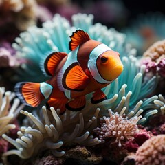 Naklejka na ściany i meble Photo of a colorful and vibrant coral reef with clownfish. Generative AI