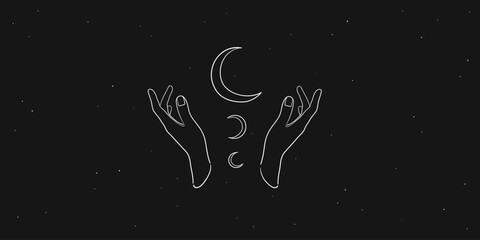 Esoteric moon line drawing with woman hands on black background. Set of Magic art symbol outline. Vector illustration