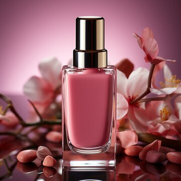 Against a gradient background, a single opaque bottle of matte pink liquid blush, cosmatic