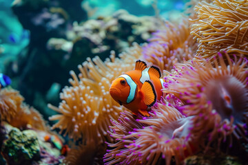 Fototapeta na wymiar Close up of clown fish swimming in colorful anemore in background of beautiful sea. 