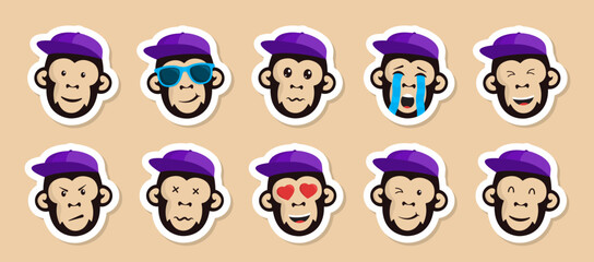 monkey head color vector stickers. monkey in purple cap cartoon stickers with shadow and white stroke. different emotions monkey head cartoon stickers for your business