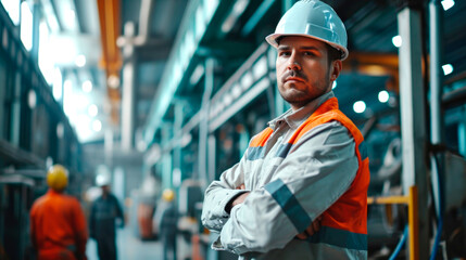 Men industrial engineer wearing a while standing in a heavy industrial factory. AI generated.