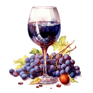 Stylish watercolor illustration. A glass of wine with a branch of grapes inside.