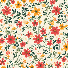 Illustration of Flowers minimal red yellow and green tone on warm white tone background Seamless Texture