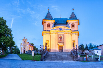 Basilica of the Assumption of the Virgin Mary in summer with evening ilumination, Hostyn, Czech Republic