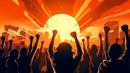 Fototapeta premium Arms raised in protest. Group of black women protestors fists raised up in the air bright background