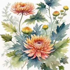 chrysanthemum watercolor painting - obrazy, fototapety, plakaty