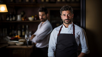 Obraz premium handsome chef look at camera on the blurred background of the restaurant