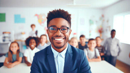 Portrait of a smiling African American male teacher, with students in the background. AI generated.