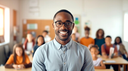 Obraz premium Portrait of a smiling African American male teacher, with students in the background. AI generated.