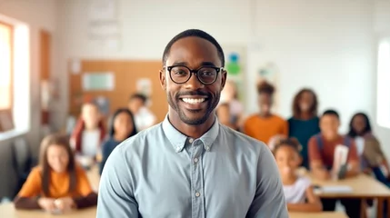 Fototapete Rund Portrait of a smiling African American male teacher, with students in the background. AI generated. © millenius