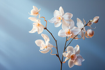 An image of a single orchid in a soft pastel color, rendered in 3D with elegant simplicity.