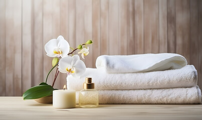 Obraz na płótnie Canvas Spa set on white table, including beauty and fashion items. Spa towel with candle, plumeria, and tree also on table. with free space for text