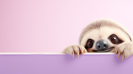 Naklejka premium Creative animal concept. Sloth peeking over pastel background
