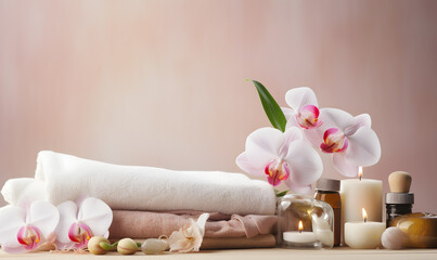 Spa set on white table, including beauty and fashion items. Spa towel with candle, plumeria, and tree also on table. with free space for text