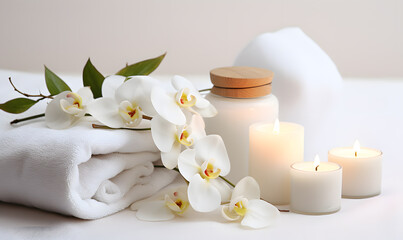 Spa set on white table, including beauty and fashion items. Spa towel with candle, plumeria, and tree also on table. with free space for text