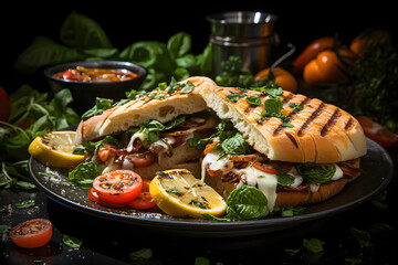 Creamy Mediterranean Paninis, dramatic studio lighting and a shallow depth of field. Placed on a reflective black surface.no.01