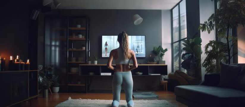 Seen from behind Young woman teaching fitness at home, aerobics, sporty lifestyle
