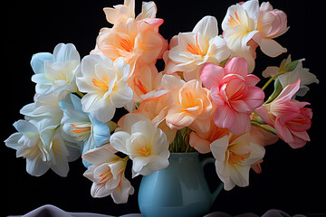 A 3D depiction of a pastel freesia, its delicate blooms elegantly presented.