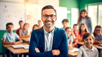 Portrait of a male teacher smiling, with students in the background. AI generated.