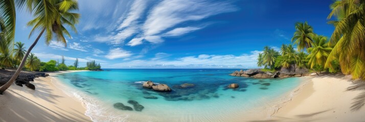 Obraz premium A panoramic view of a tropical beach with turquoise waters and palm trees 