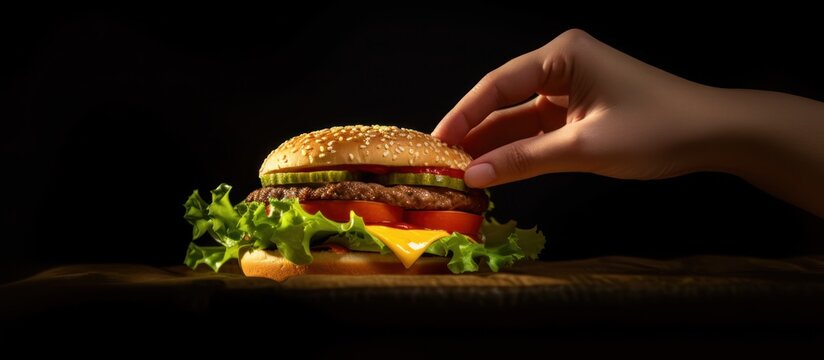 someone's hand holding a delicious burger