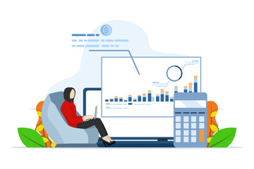 Financial report concept, character analyzing graphs, balance sheets, profit and loss statements and other business data, financial management, flat vector illustration on a white background.