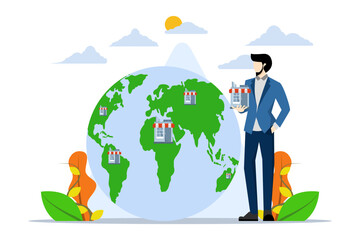 Franchise business opportunity concept to start or expand shops and stores, Smart entrepreneurs are expanding their storefronts around the world. expand business to global locations. flat vector.