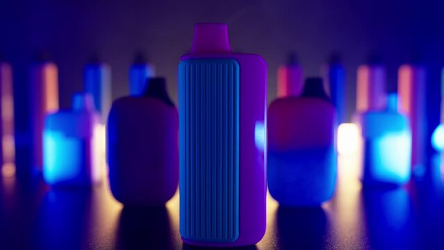 Lots Vapes and Electronic Cigarettes Neon Light Dark Background. Concept Nicotine Addiction and Health Harm. Lung Cancer. Bad Habit. Tobacco Industry. Unhealthy Lifestyle. Slow Motion
