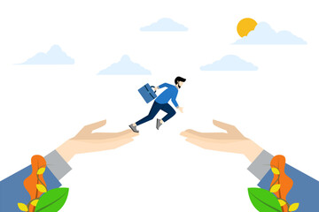 confident businessman jumping from giant hand to new place. Changing jobs or careers, getting out of a toxic position, concept of improvement, determination and courage to change to a better place.