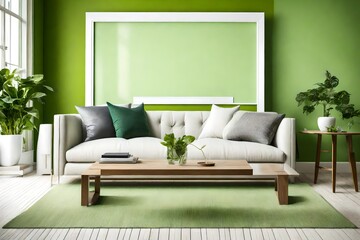 A modern living room with an empty white frame on a vibrant green accent wall, showcasing simple and stylish furniture in bold, solid colors.