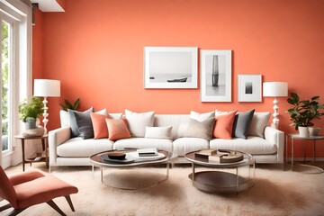 A contemporary living room with a white frame on a coral-colored accent wall, adorned with chic and straightforward furniture pieces.