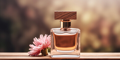   A bottle of perfume with a brown lid wit flower on wooden table  in outdoor natural shadow demonstration background  AI Generative 