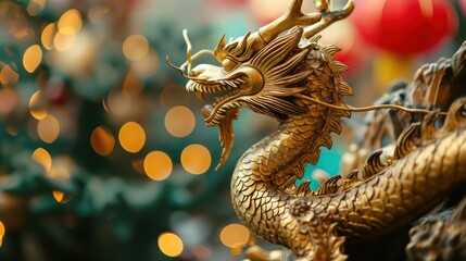 Chinese Golden dragon with bokeh background, Year of the dragon Chinese new year 2024, China lunar new year zodiac celebration asian cultural event gong xi fa cai - obrazy, fototapety, plakaty