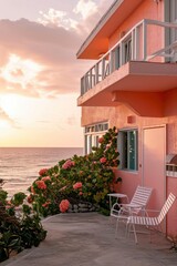 Fototapeta na wymiar House on the beach. Beachfront house with beautiful views and peach fuzz tones