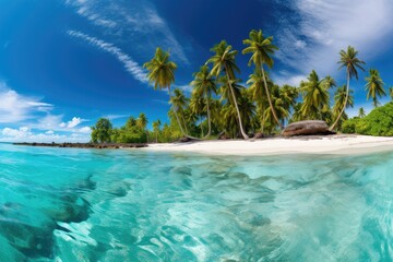 Obraz premium A panoramic view of a tropical beach with turquoise waters and palm trees 