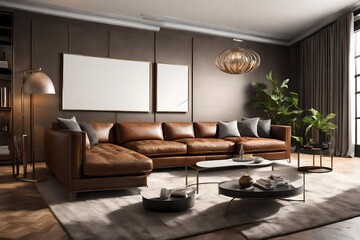 A contemporary living room setting with a blank frame on the wall, complementing a leather sectional sofa and metallic accents.