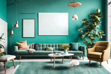 An inviting living room space with a blank frame hanging on a teal wall, surrounded by minimalist furniture in bright and cheerful tones.