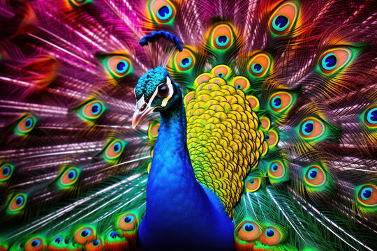 A simplistic image of peacocks, symbolizing grace and elegance, with their feathers adorned in bright Holi colors