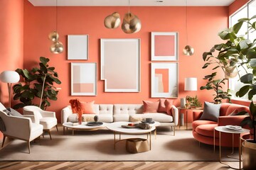 An inviting living room space featuring an empty white frame on a coral-colored wall, complemented by sleek and colorful furniture.