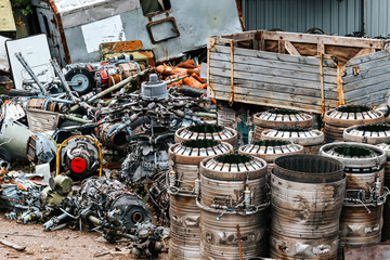 scrap metal dump. old aircraft parts. decommissioned aircraft engines. industry, scrap metal recycling