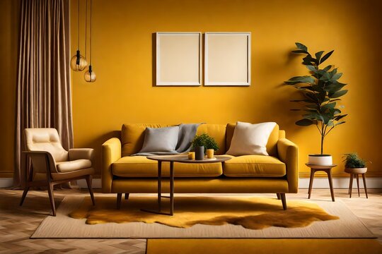An HD image of a living room featuring a blank frame against a mustard yellow wall, highlighting a cozy ambiance with minimalist furniture.